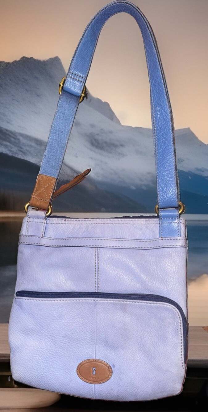 Vintage Fossil Blue Leather Crossbody Bag Medium Detachable Adjustable Strap